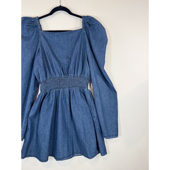 Free People Womens Dress Molly Mini Chambray Puff Sleeve Smocked A Line Large - Picture 9 of 11